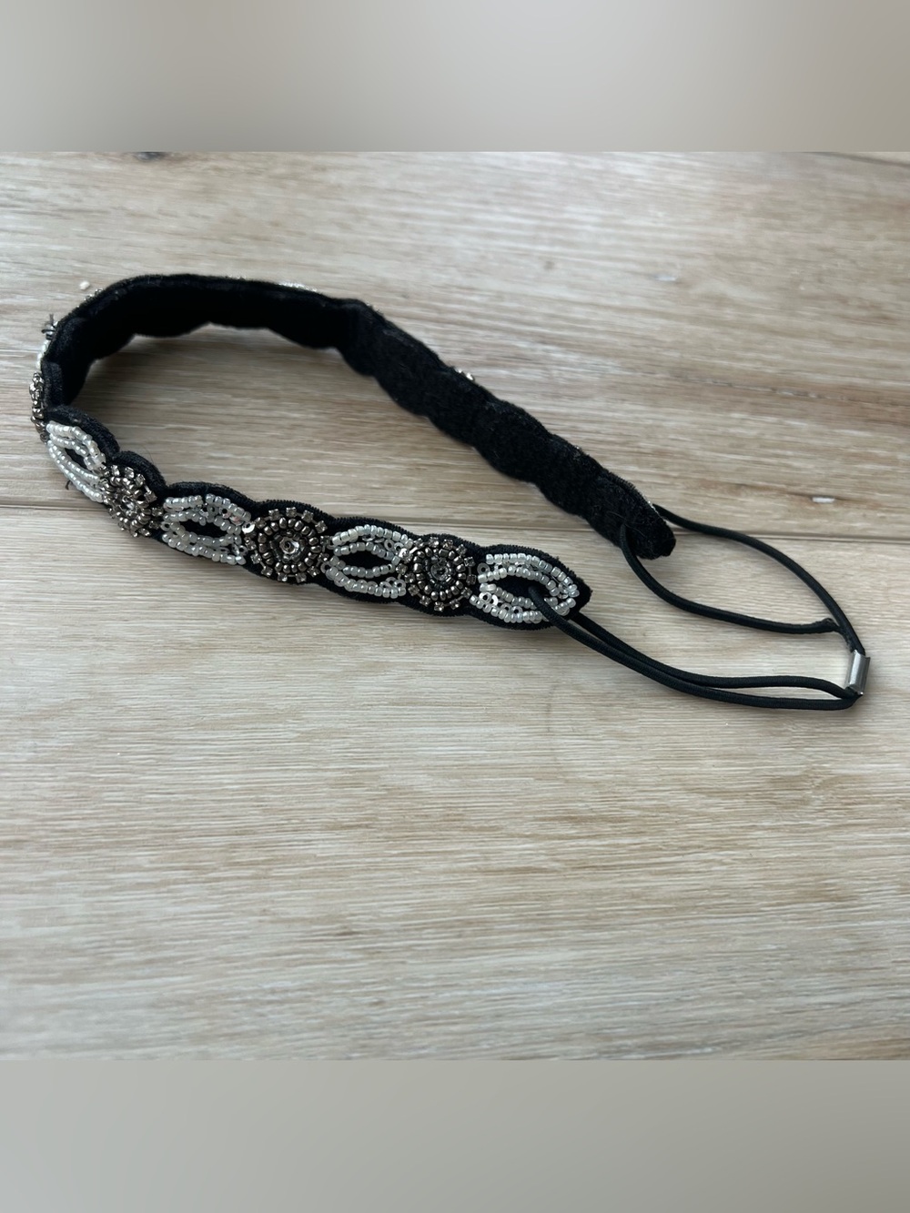 Beaded Black and Silver Elastic Headband with Silver Accents